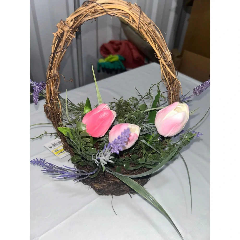 Easter Basket Floral Arrangement Pink‎ Tulips Lavender Nest Grapevine Decor New